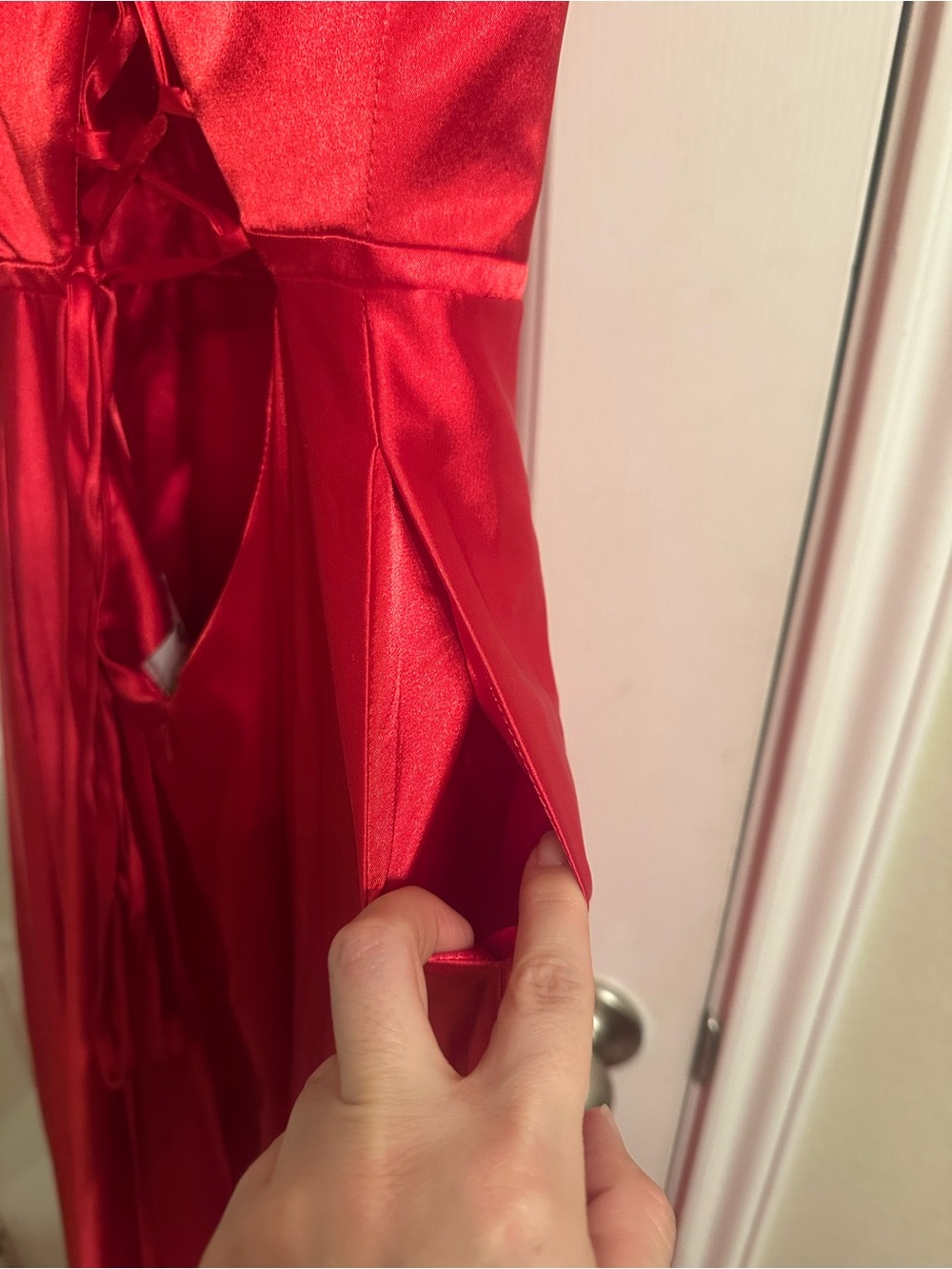 NWT Faviana Red Satin V-Neck Spaghetti Strap Maxi Prom Bridesmaid Slit Dress - Picture 7 of 10